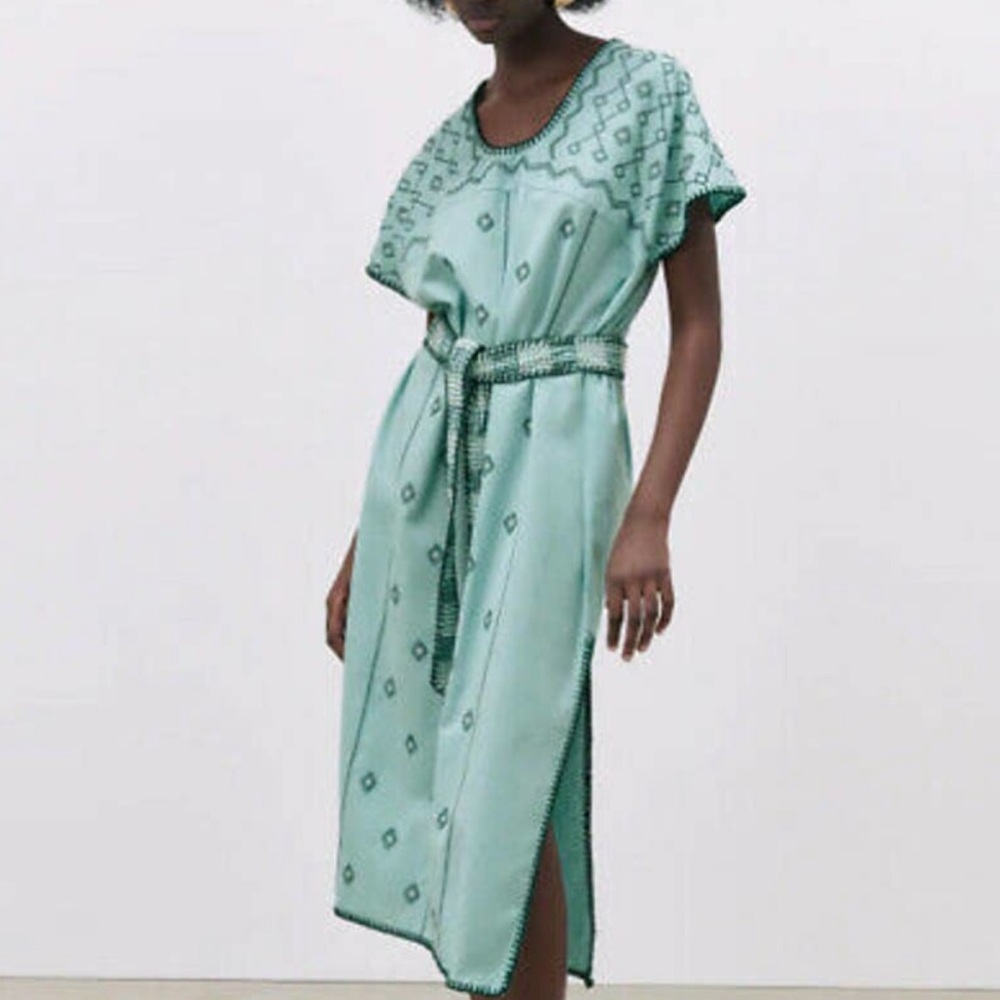 Zara NWOT embroidered mint green Kaftan dress - Picture 2 of 9